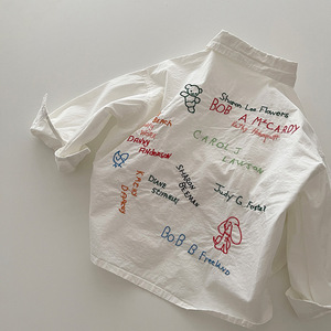 儿童字母刺绣款宽松白色衬衫2024春季新款男女童休闲衬衣宝宝上衣