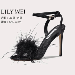 Lily Wei【甜心芭蕾】欧美羽毛凉鞋2024夏季个性一字带高跟鞋气质