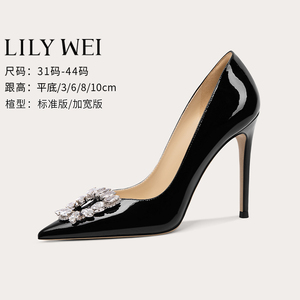 Lily Wei黑色亮面漆皮高跟鞋上班通勤鞋6厘米大码女鞋41一43百搭