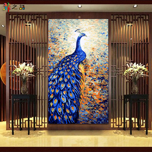 玄关画竖版数字油画diy数字油彩画大幅走廊过道手工填色画 蓝孔雀