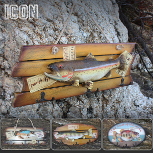 草根路亚装饰品挂件 鲈鱼鳟鱼仿古木头质工艺品墙面壁画纸 3D鱼型
