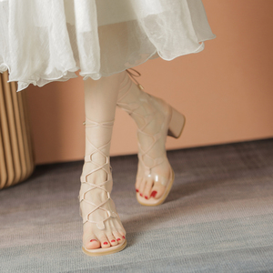 透明凉鞋女款夏季粗跟交叉绑带罗马旅游中跟脚环法式高跟鞋仙女风