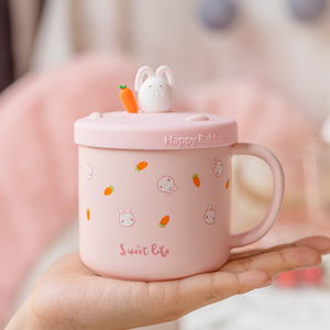 可爱陶瓷杯子粉色少女心带盖勺马克杯女家用喝水杯创意早餐咖啡杯