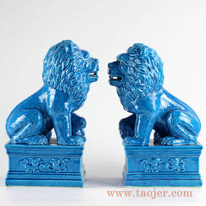 景德镇陶瓷仿古孔雀蓝釉兰色对狮大号狮子狗陈设摆设雕塑动物