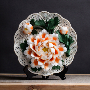 牡丹花德化陶瓷花盘艺术花卉挂盘工艺礼品纯手工装饰摆件创意客厅