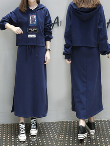 韩国大码女装2021春秋新款胖妹妹显瘦套装减龄卫衣半身裙子两件套