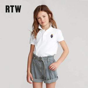 RTW女童短袖t恤2023新款美式夏装儿童白色polo衫童装半袖保罗上衣