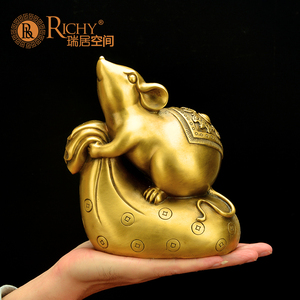 铜老鼠摆件黄铜十二生肖鼠可爱布袋鼠家居客厅车载装饰工艺品