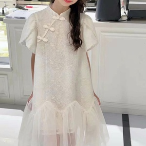 L+IKISSBABY潮牌女童2024夏款韩版中式旗袍新款米白色短袖连衣裙