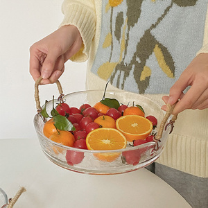 穆尼 双耳玻璃水果盘水果篮客厅家用零食盘简约手提托盘干果篮