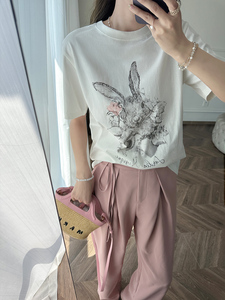 张涩涩ZSS 2024夏季新款 圆领小兔子图案涂鸦印花白色短袖T恤女