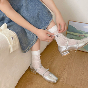 【流行刺绣款】韩国新款薄款蝴蝶结坑条透气搭乐福鞋女士中筒棉袜