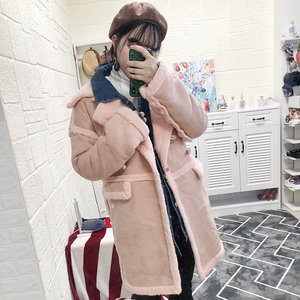 韩版冬季粉色茧型皮衣羊羔毛外套女中长款仿皮毛麂皮绒大衣两面穿