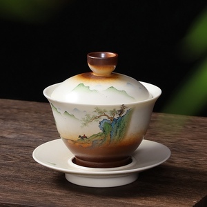 高端柴烧手绘三才盖碗茶杯单个大号陶瓷泡茶茶碗家用套装功夫茶具
