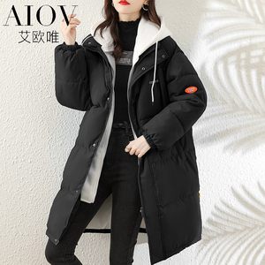艾欧唯棉袄女冬季中长款假两件卫衣棉衣时尚韩版宽松棉服外套