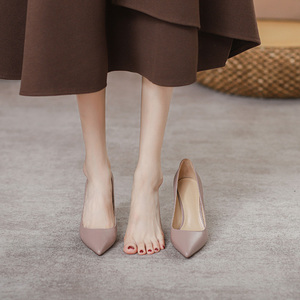 飞燕女鞋2023春夏新款浅口单鞋真皮舒适气质软底年会粉紫色高跟鞋