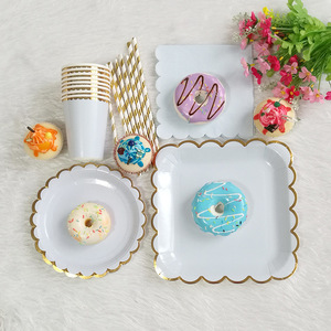 浅蓝色纸盘纸杯纸巾派对蛋糕碟子烫金花边纯色餐盘吸管一次性餐具
