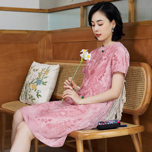 PCY753夏季新品中国风丝绒印花连衣裙短袖改良旗袍很仙女装上衣