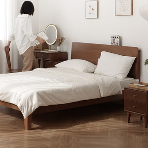 全实木榉木床复古轻奢胡桃木色床北欧简约主次卧床高箱储物双人床