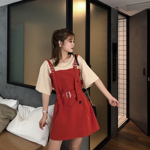 2021新夏季韩版小个子森女系学生工装背带假两件拼接连衣裙a字裙