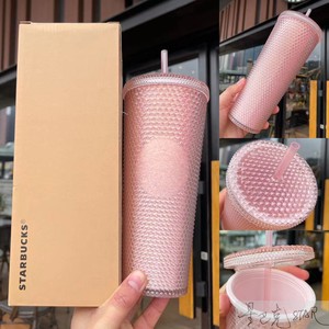 星巴克新款杯子粉色榴莲710ml樱花粉款塑料吸管杯大容量咖啡水杯