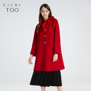 爱居兔冬季穿搭红色新款加厚防风中长款宽松双面呢大衣外套女