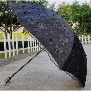 太阳伞防晒防紫外线纯黑色二折双层黑胶蕾丝剪花遮阳遮光热晴雨伞