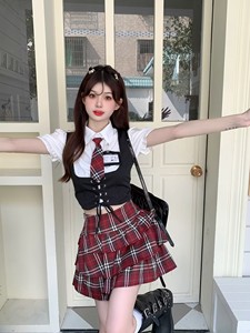 学院风制服套装衬衣+甜辣妹绑带背心+美式jk格子半身裙子五件套女