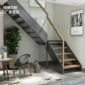 上海定制室内公寓整体实木阁楼复式别墅旋转双梁钢木玻璃楼梯护栏