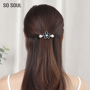韩国优雅珍珠发夹女简约水钻一字夹中号成年韩版半扎发卡子弹簧夹
