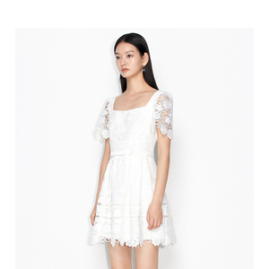 曼娅奴白色连衣裙女2022夏季新款高级感方领收腰A字短裙MM22DA165