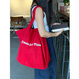 复古红色字母印花帆布包韩国2024新款单肩包手提简约大容量购物袋
