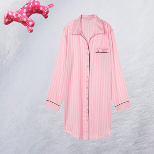 正品现货 维多利亚的秘密 丝滑缎面薄款舒适长袖衬衫睡裙
