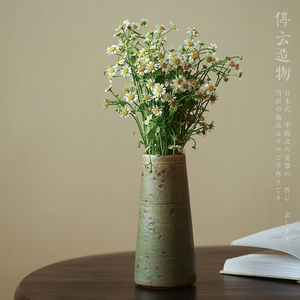 日式侘寂风粗陶小花瓶古朴复古中古陶瓷花器家居客厅绿色插花摆件