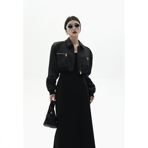 SRYS欧美时尚气质设计高腰黑色短款外套夹克上衣棒球服春秋季女装