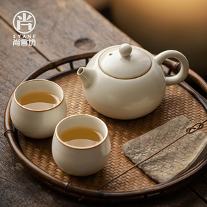 米黄汝窑陶瓷茶壶一人茶具套装西施壶小单个泡茶壶家用两杯泡茶杯