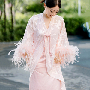 真丝手感法式婚礼新娘粉色羽毛晨袍中式仙仙睡袍高级伴娘晨拍裙