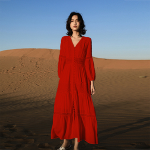 夏季红色长裙V领复古法式仙女裙子收腰显瘦气质连衣裙度假沙滩裙