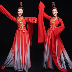 水袖舞蹈服装飘逸中国风惊鸿舞古典舞演出服女红色现代舞采薇汉服