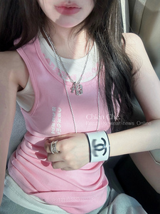 车迟恩Chien 夏季无袖上衣两件套印花修身显瘦粉色针织吊带背心女