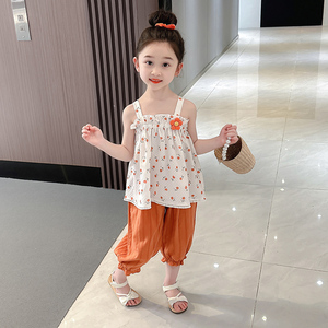 儿童套装夏装女童洋气2024新款女孩宝宝衣服时尚时髦韩版樱桃吊带