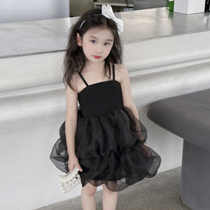 女童连衣裙夏季2024新款女孩宝宝夏装儿童公主裙子吊带黑色蓬蓬裙