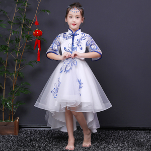 女童礼服中袖青花瓷中国风古筝乐器旗袍演出服小主持人生日公主裙