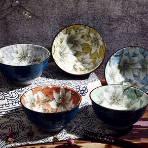[cocostyle]日本原装美浓烧釉下彩陶瓷餐具五色木莲饭碗汤碗面碗