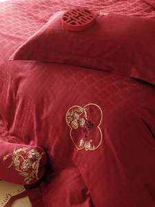 婚庆全棉床单四件套100S贡缎长绒棉绣花红色被套结婚床上用品1.8