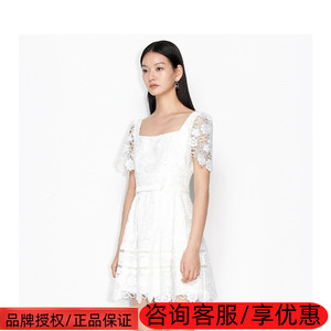 曼娅奴白色连衣裙女2022夏季新款高级感方领收腰A字短裙MM22DA165