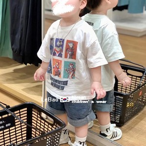 韩版童装男童白色短袖t恤夏装宝宝时髦百搭洋气儿童奥特曼上衣潮