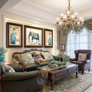 美式复古客厅装饰画沙发背景墙挂画新中式三联油画大象鹿壁画轻奢