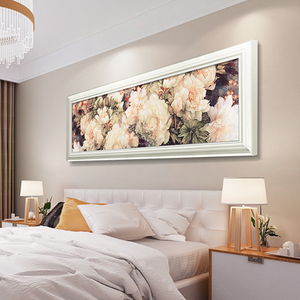 美式房间挂画复古卧室床头装饰画欧式餐厅壁画牡丹花卉横板一整幅