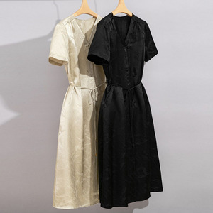 新中式杭州丝绸优雅重磅垂感真丝连衣裙法式气质桑蚕丝大码中长裙